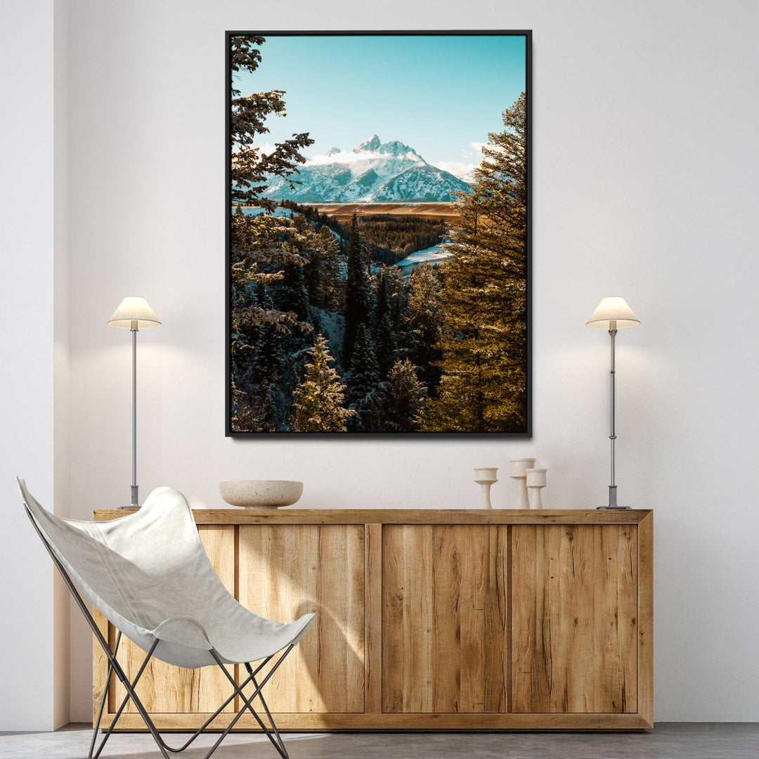 Mountain Landscape Wall Art Canvas Print, Framed Snowy Peaks Art Picture Print, Nature Photography Perfect Rustic Lodge Decor Artwork