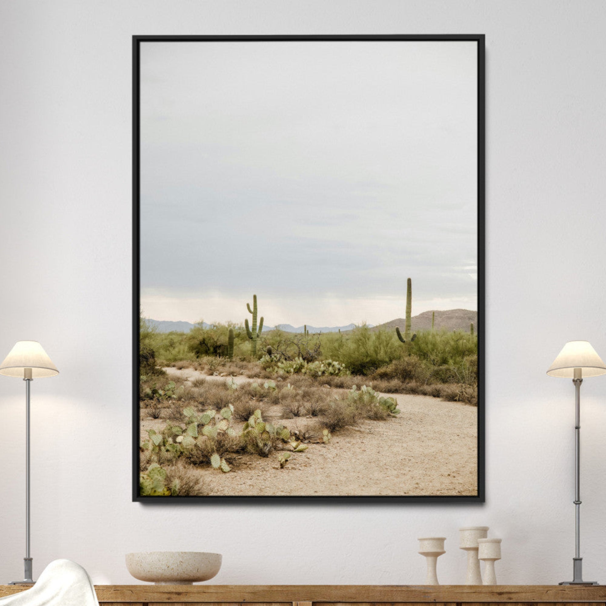 55042528-MGV-CV-24X36-Desert Landscape Wall Art Canvas Print – Cacti and Shrubs Pathway Natural Southwestern Scene Framed Artwork for Home Office
