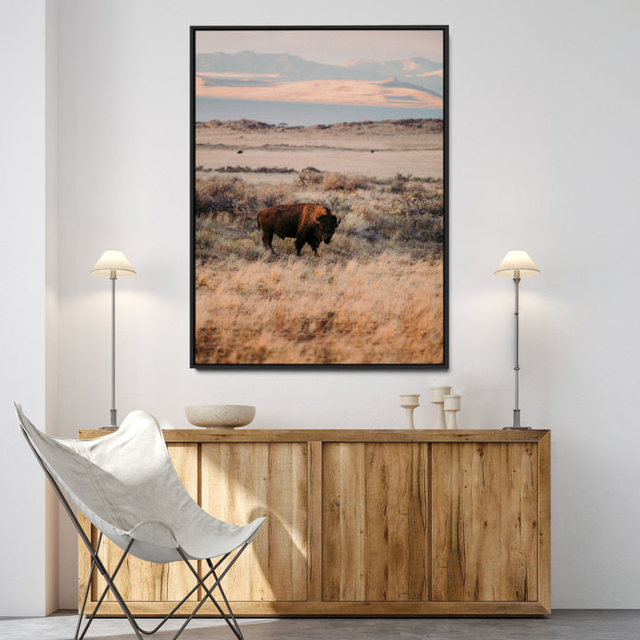 Solitary Buffalo Wall Art Canvas Print, Framed Golden Prairie Art Picture Print, Earthy Tones Perfect Rustic Western Decor Artwork
