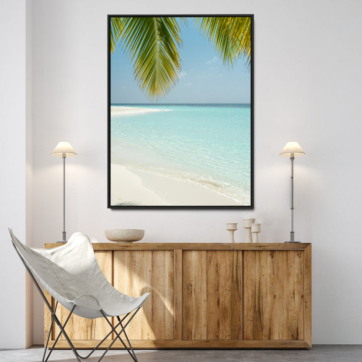 Azure Water Wall Art Canvas Print, Framed Tranquil Island Escape Art Picture Print, Clear Blue Ocean Wall Art Coastal Minimalist Decor