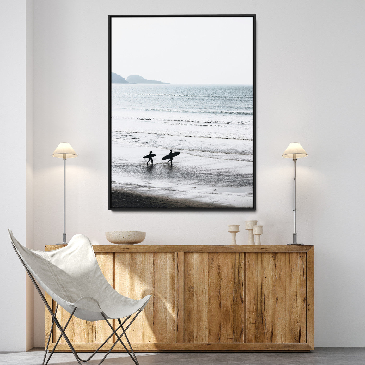 Surfer Silhouettes Wall Art Canvas Print, Framed Minimalist Ocean Art Picture Print