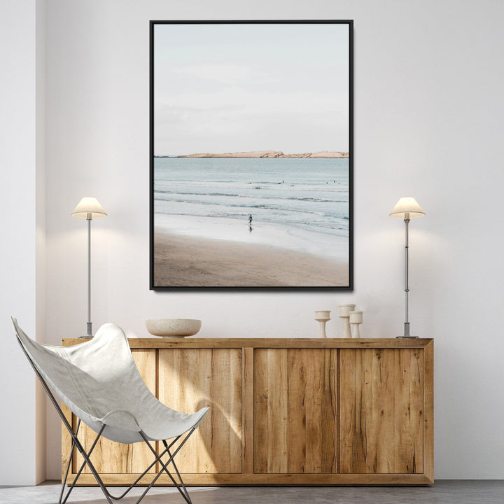 Minimalist Beach Art Canvas Print, Soft Blue Tones Print, Framed Tranquil Ocean Art Print, Large Calm Horizon Printing Coastal,