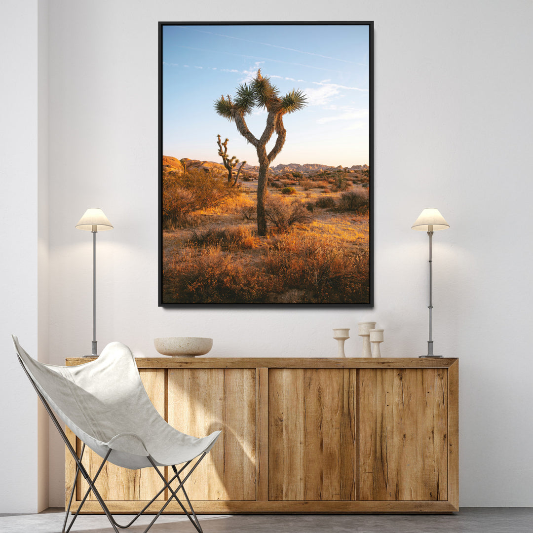 Framed Joshua Tree Print, Golden Hour Desert Print, Framed Sunset Glow Art Print, Large Arid Terrain Printing Southwestern