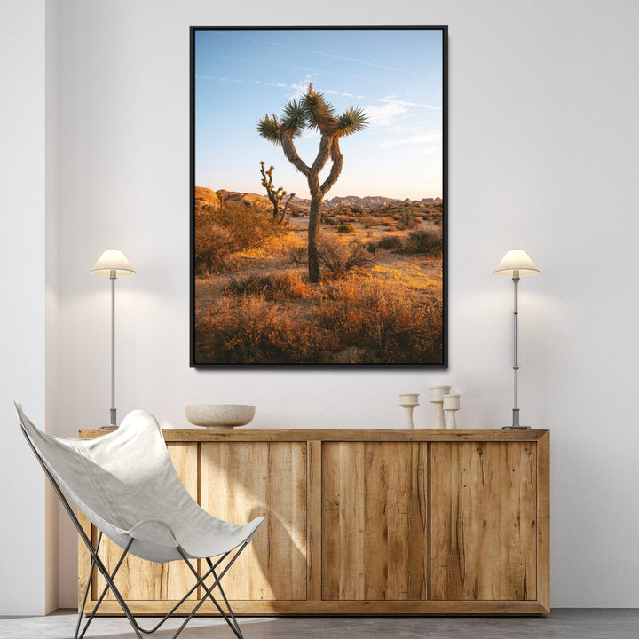Framed Joshua Tree Print, Golden Hour Desert Print, Framed Sunset Glow Art Print, Large Arid Terrain Printing Southwestern