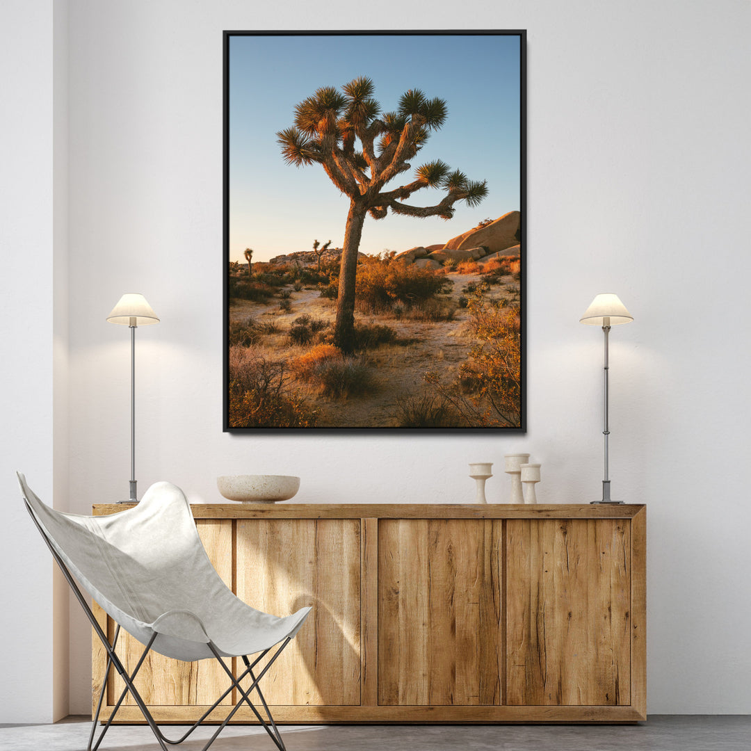 Joshua Tree Artwork Canvas Print, Desert Sunset Print, Framed Golden Hour Light Art Print, Large Southwestern Landscape Printing, Framed