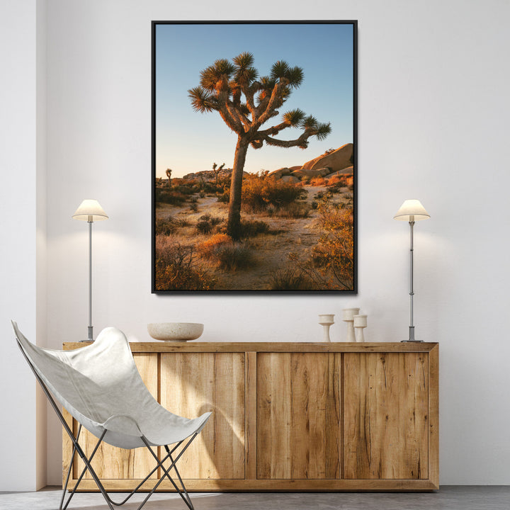 Joshua Tree Artwork Canvas Print, Desert Sunset Print, Framed Golden Hour Light Art Print, Large Southwestern Landscape Printing, Framed
