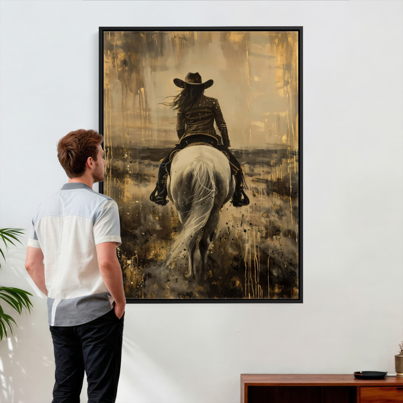 38521408-MGV-CV-24X36 - Cowgirl on Horse Wall Art Canvas Print – Western Equestrian Artwork for Farmhouse, Ranch, and Cabin Decor