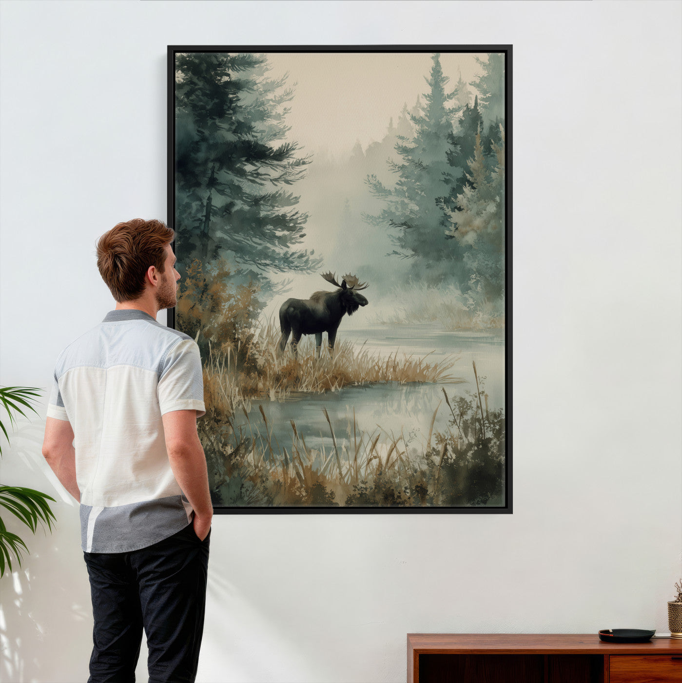 78345154-MGV-CV-24X36 - Watercolor Abstract Moose Forest Wall Art Canvas Print – Wildlife Nature Artwork Print for Living Room, Cabin, and Office Decor