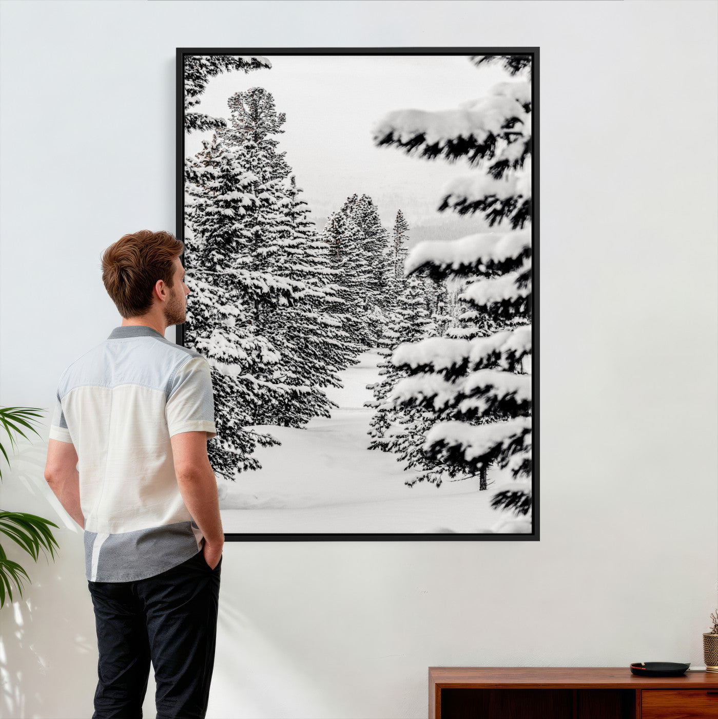 42534505-MGV-CV-24X36 - Snowy Pine Forest Wall Art Canvas Print, Minimal Winter Woodland Landscape, Black and White Nature Artwork