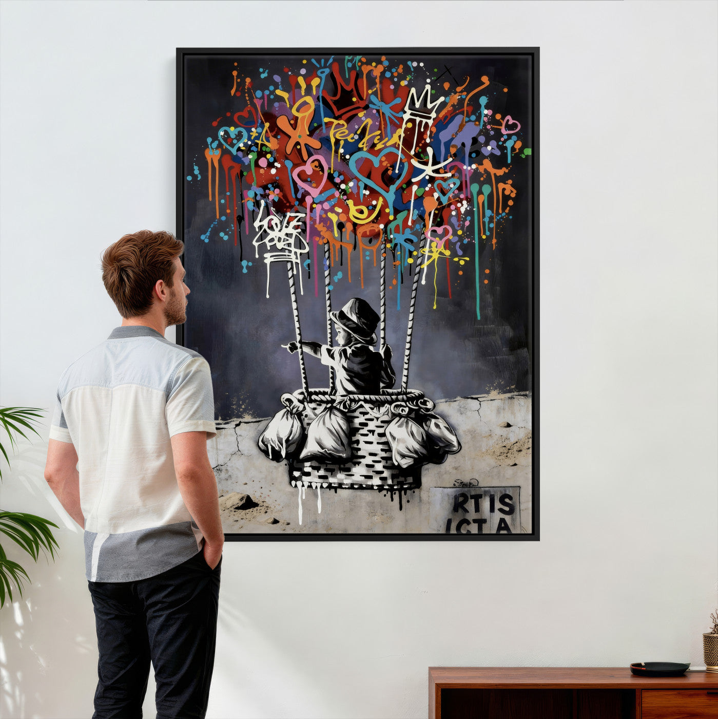 56325542-MGV-CV-24X36 - Banksy Inspired Boy Swing Wall Art Canvas Print, Graffiti Balloon Hearts Street Art, Colorful Urban Mural Artwork for Modern Living Room Decor