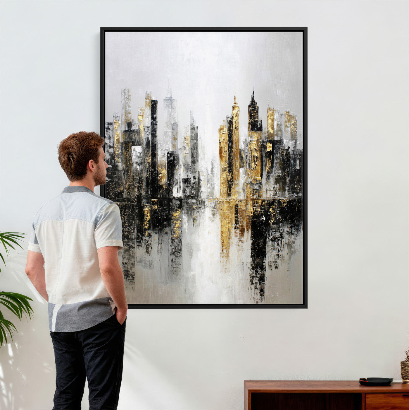 38126217-MGV-CV-24X36 - Abstract Urban Reflection Wall Art Canvas Print, Gold Black Modern Architecture Canvas Print, Contemporary Moody City Artwork for Living Room Decor