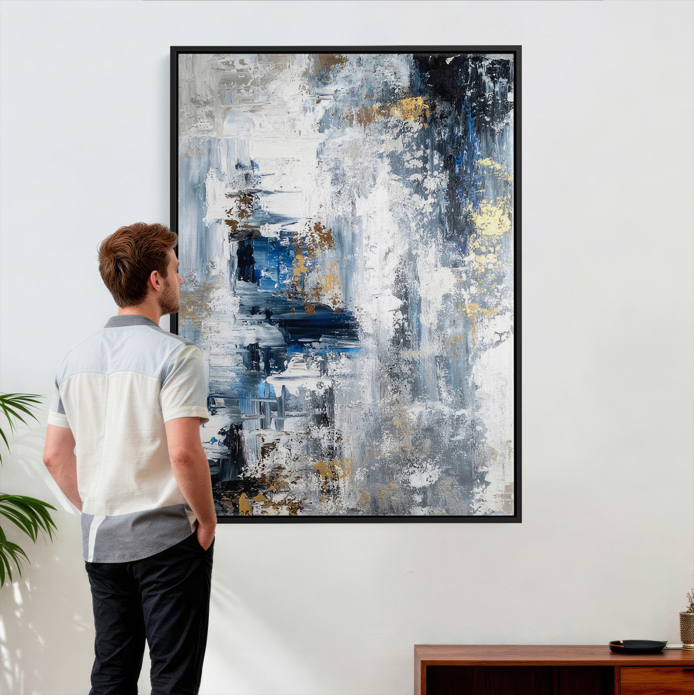 3962948988-MGV-CV-24X36 - Blue Abstract Wall Art Canvas Print, Gold Black Modern Architecture Canvas Print, Contemporary Moody City Artwork for Living Room Decor