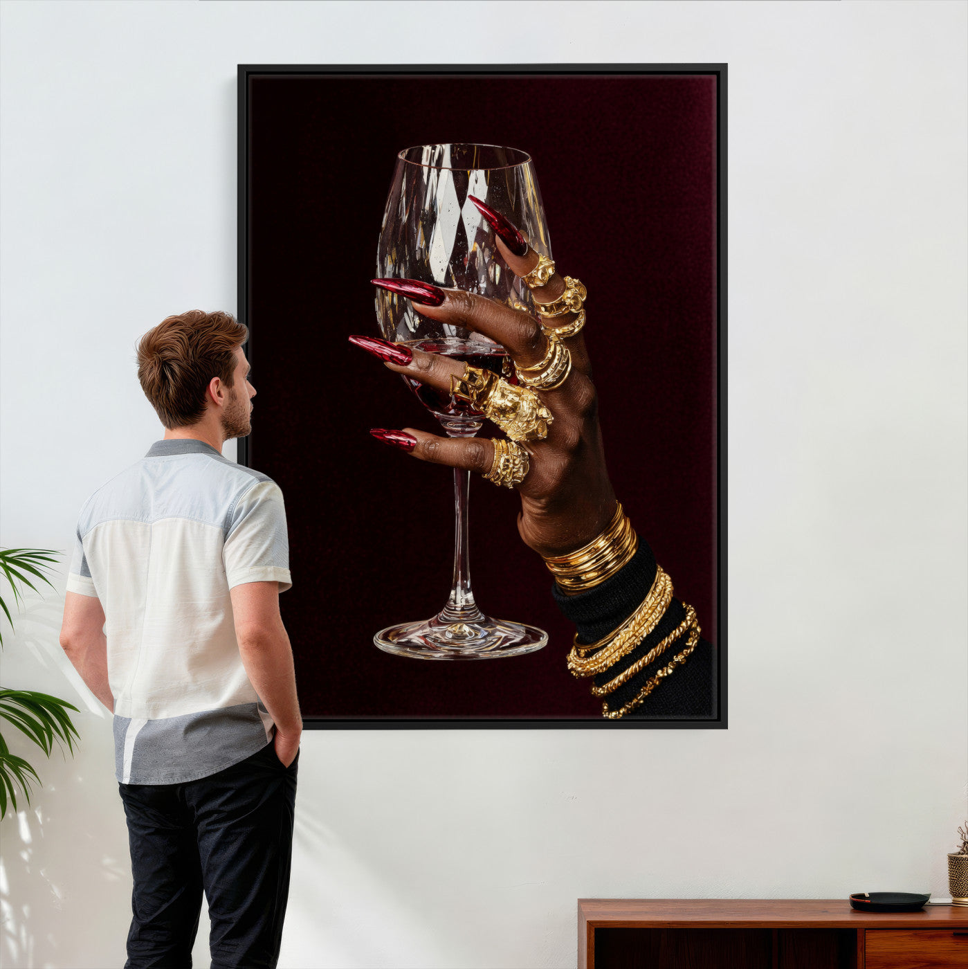 8151788Y6-MGV-CV-24X36 - Black Woman Holding Elegant Wine Glass Art, Black Girl Art, Black Woman Art, Trendy Black Girl Wall Art