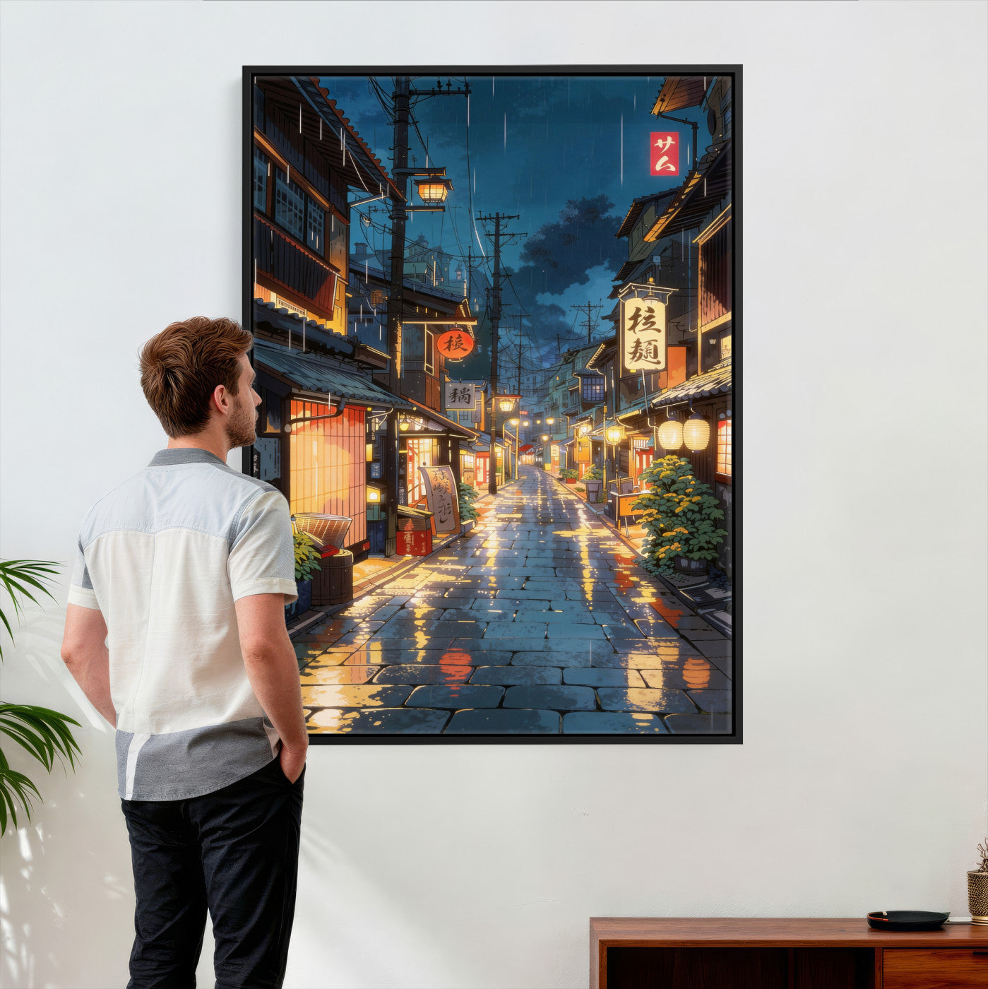 4712069J1-MGV-CV-24X36 - Tokyo Tea House Canvas Wall Art — Japan Rainy Night Street Print | Anime Style Decor | Japanese Tea House Art | Tokyo City Gift