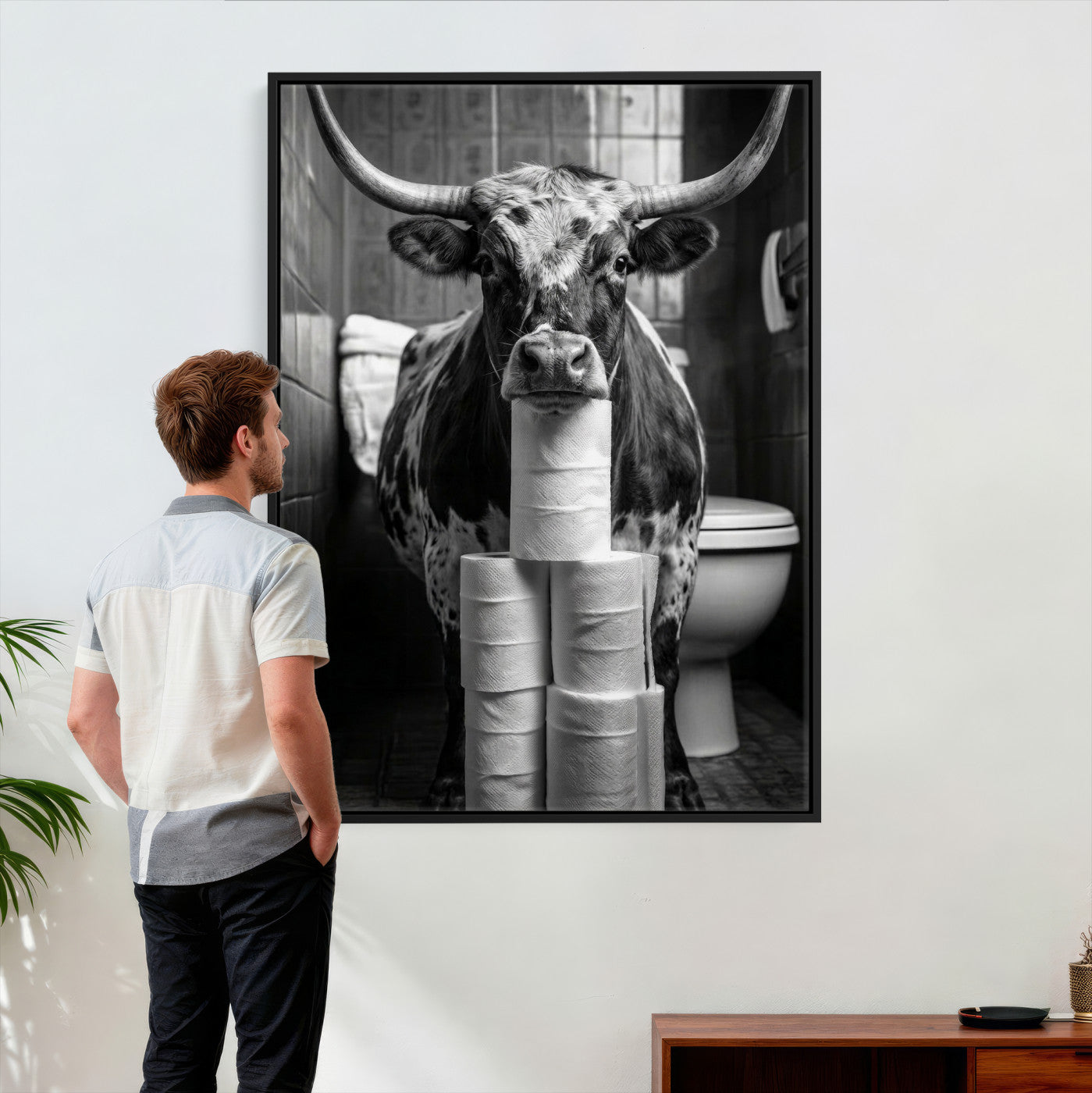 79259956-MGV-CV-24X36 - Texas Longhorn Cow Toilet Paper Canvas Wall Art, Funny Bathroom Black White Print, Cute Animal Humor Decor, Quirky Farmhouse Bathroom Art, Cow Lover Gift