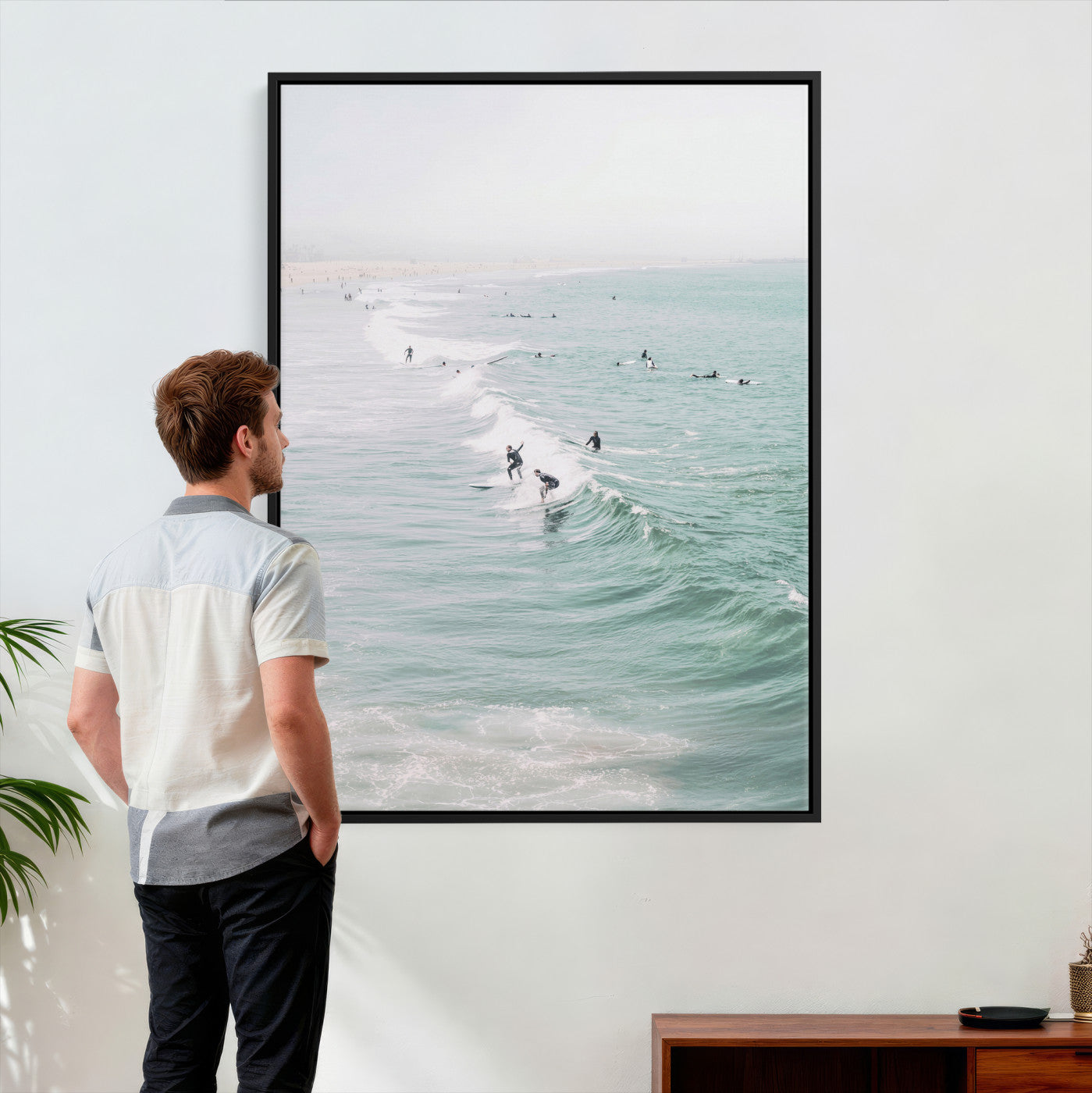 58043762-MGV-CV-24X36 - Surfers on Waves Canvas Wall Art, Aerial Ocean Photography Print, Mint Green Surf Decor, California Beach House Art, Coastal Sports Wall Decor