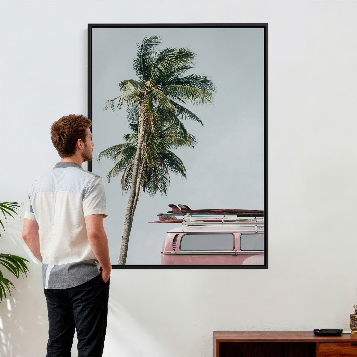 73117797-MGV-CV-24X36 - VW Van Palm Tree Canvas Wall Art, Pink Camper Surfboards Beach Print, Retro Surf Photography Decor, Coastal Boho Wall Art, Surfer Gift Idea