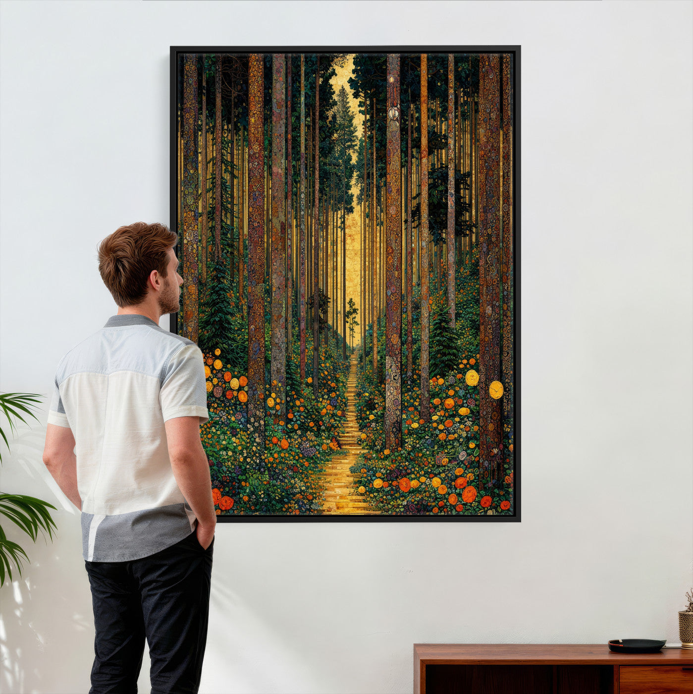 14391546-MGV-CV-24X36 - Gustav Klimt Style Forest Canvas Wall Art, Golden Forest Path Floral Art Nouveau Print, Enchanted Woodland Decor, Maximalist Colorful Nature Art