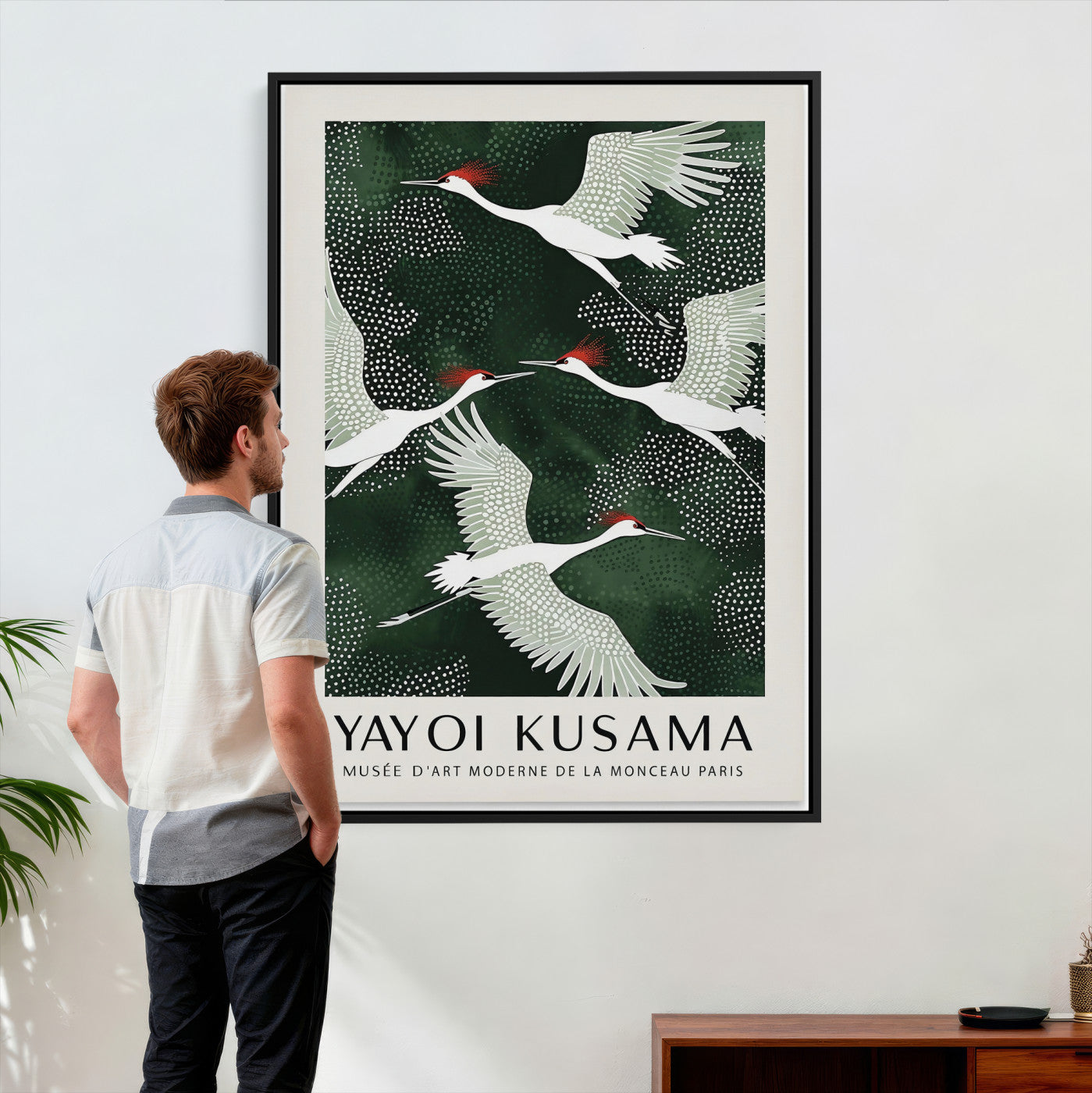 63036906-MGV-CV-24X36 - Yayoi Kusama Crane Bird Wall Art Canvas Print, Japanese Inspired Flying Heron Framed Artwork, Green Botanical Nature Decor for Living Room Bedroom Office
