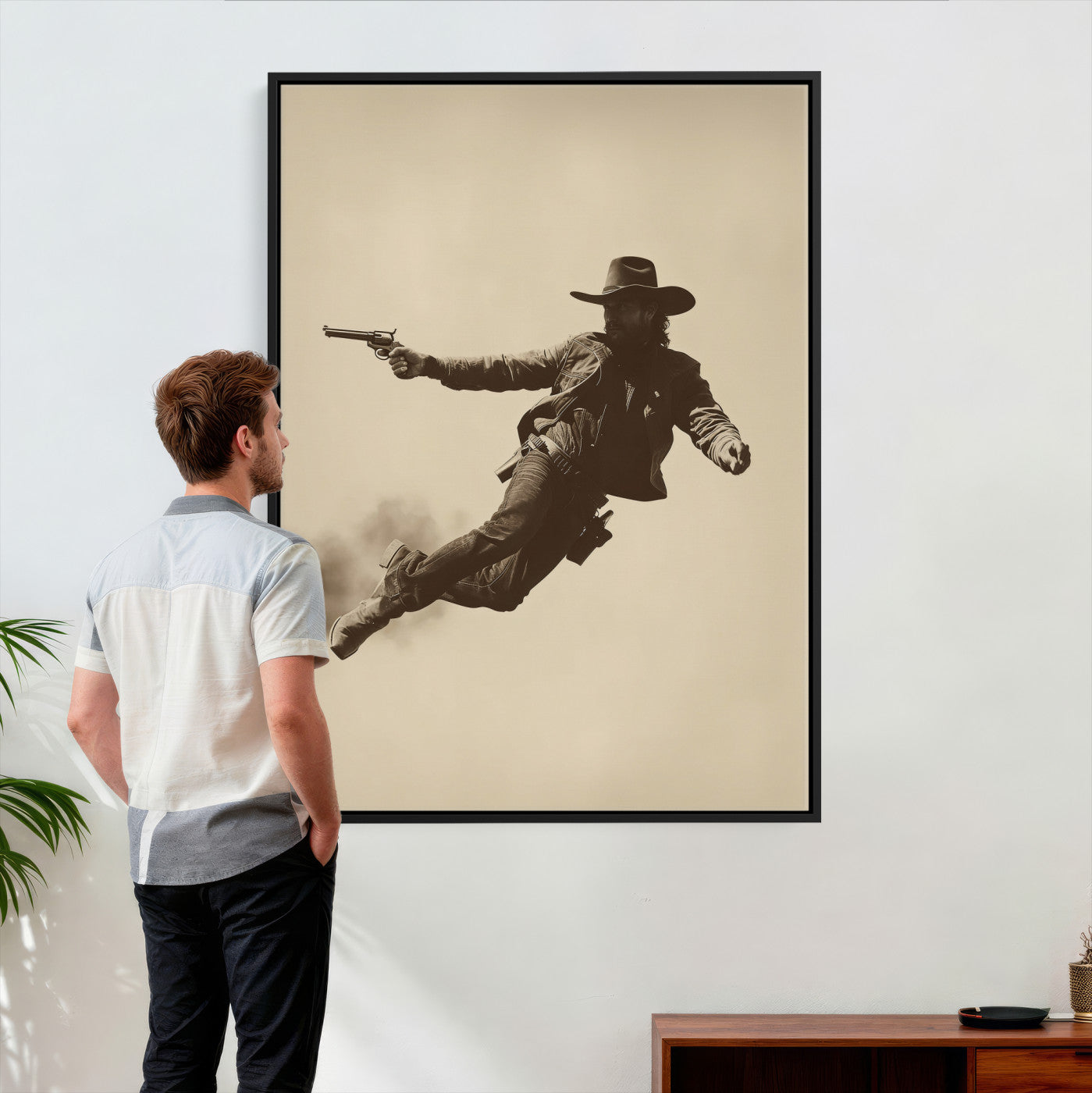 11948430CW-MGV-CV-24X36 - Cowboy Canvas Wall Art, Western Gunslinger Sepia Photo Print, Vintage Rustic Man Cave Decor, Wild West Cinematic Art, Living Room Wall Art