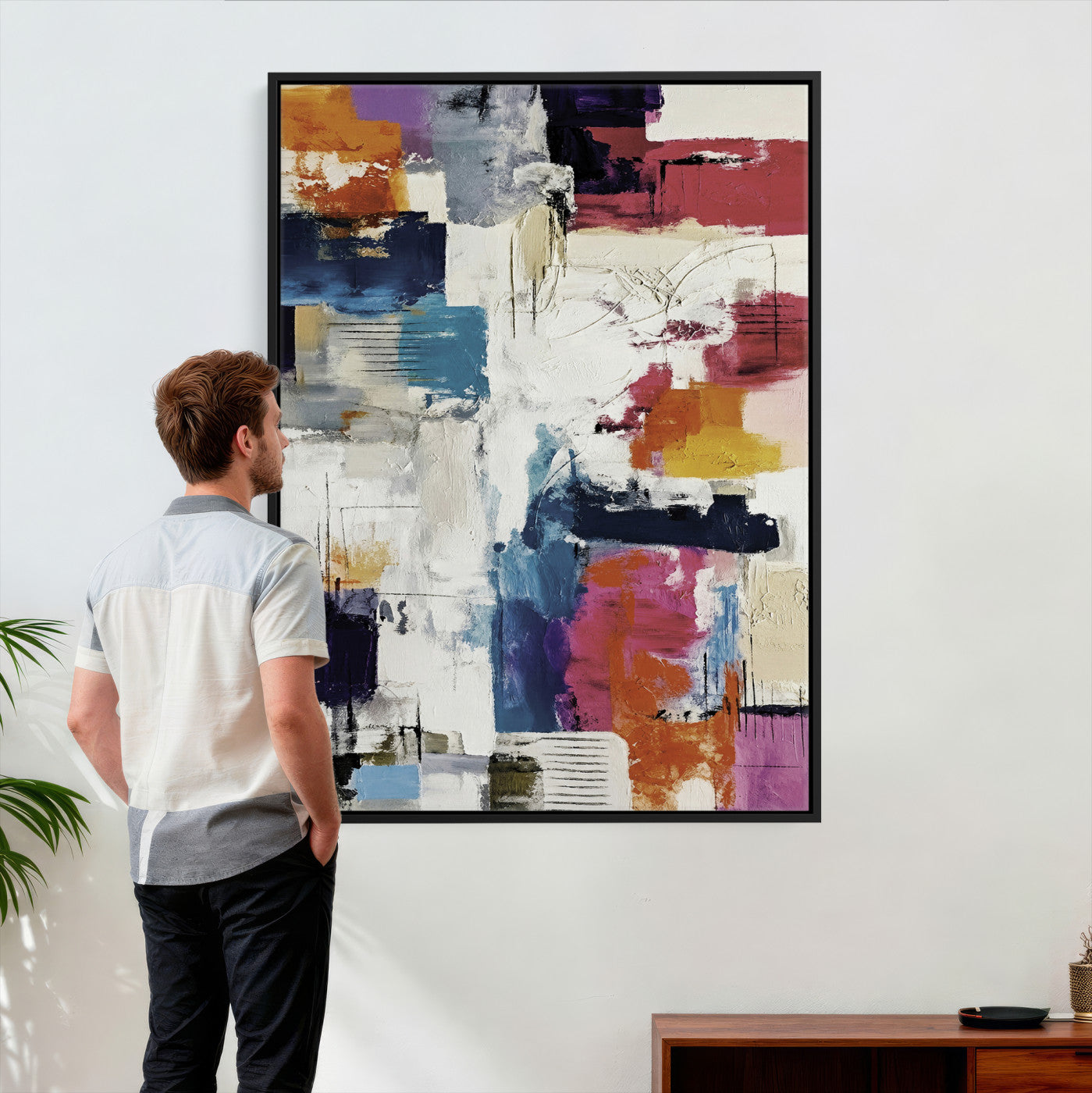 83175929-MGV-CV-24X36 - Blue Teal Abstract Canvas Wall Art, Modern Textured Painting Print, Navy Orange White Contemporary Art, Neutral Living Room Decor, Office Art