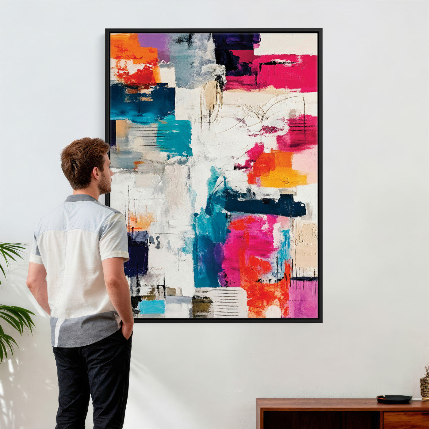 83175929-MGV-CV-24X36 - Blue Teal Abstract Canvas Wall Art Print - Modern Textured Painting Print, Navy Orange White Contemporary Art, Neutral Living Room Decor, Office Art