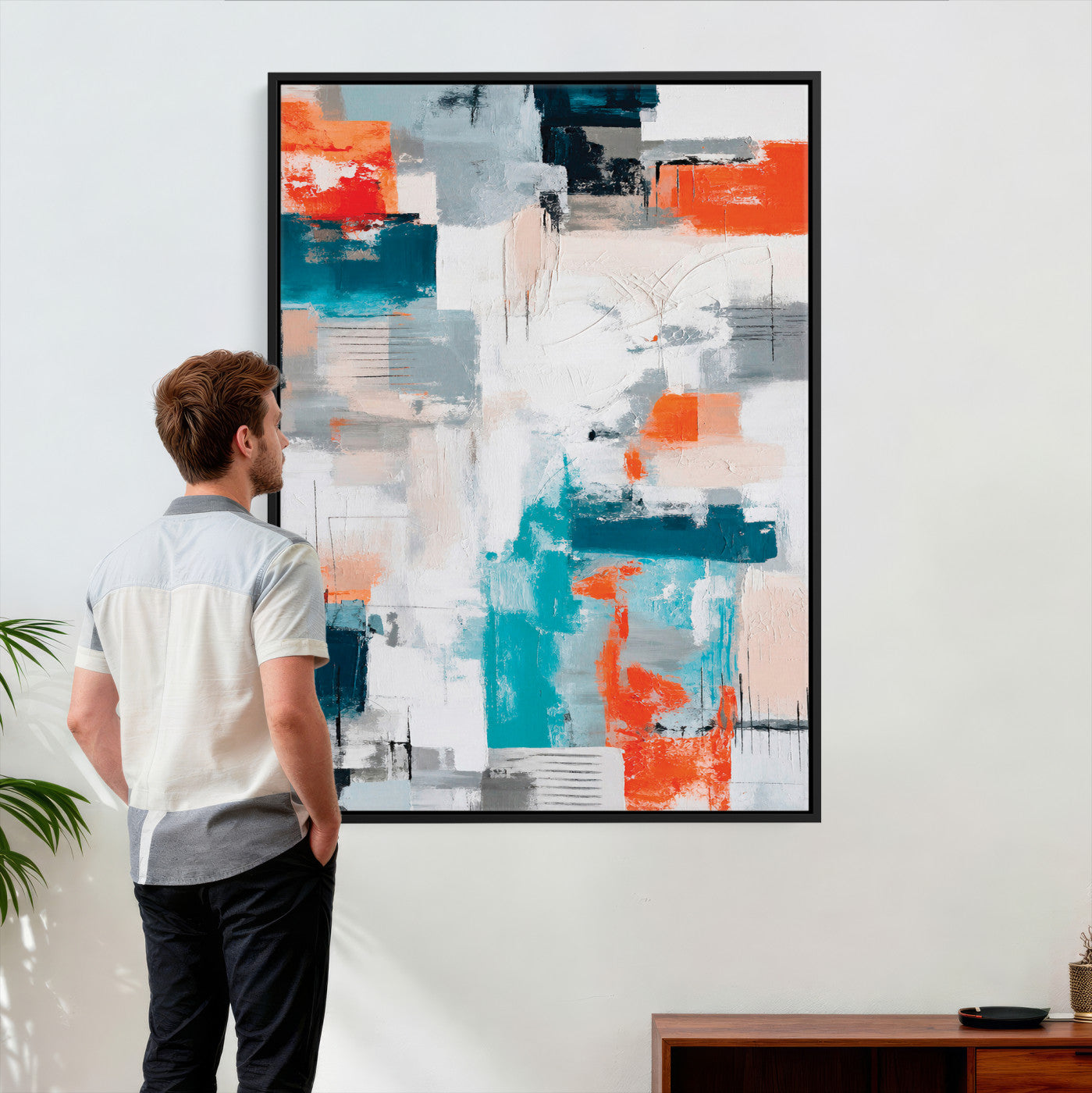 39825760-MGV-CV-24X36 - Blue Teal Abstract Canvas Wall Art - Modern Textured Painting Print, Navy Orange White Contemporary Art, Neutral Living Room Decor, Office Art