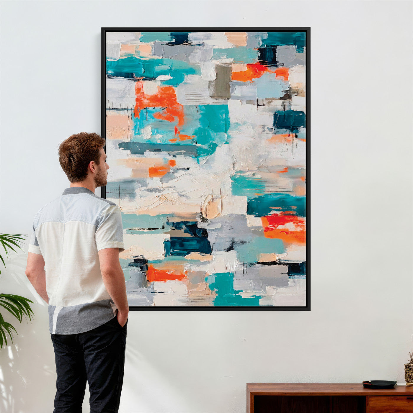 74742966-MGV-CV-24X36 - Blue Teal Abstract Canvas Wall Art - Modern Textured Painting Print, Navy Orange White Contemporary Art, Neutral Living Room Decor, Office Art
