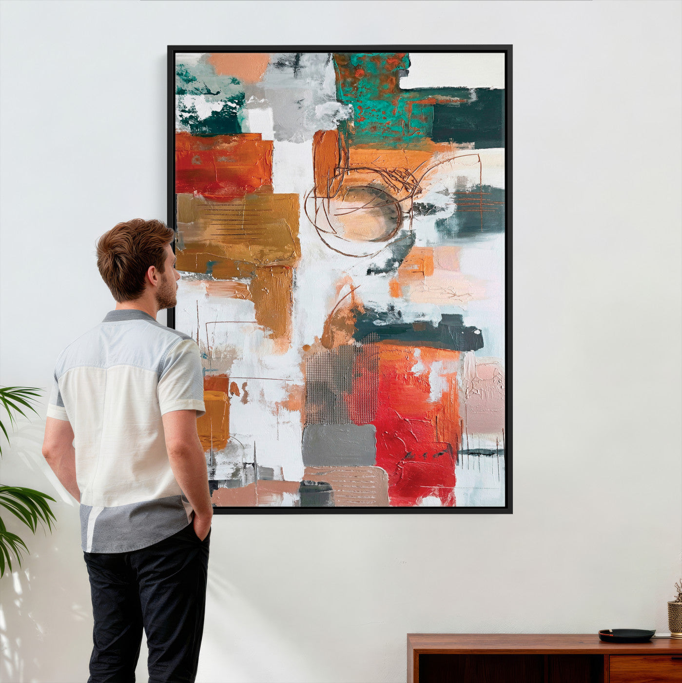 71530836-MGV-CV-24X36 - Blue Teal Abstract Canvas Wall Art | Modern Textured Painting Print, Navy Orange White Contemporary Art, Neutral Living Room Decor, Office Art