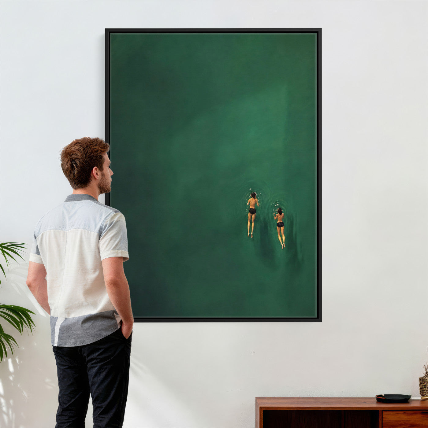 44711396-MGV-CV-24X36 - Minimalist Swimmers Canvas Wall Art Emerald Green Water Painting Print