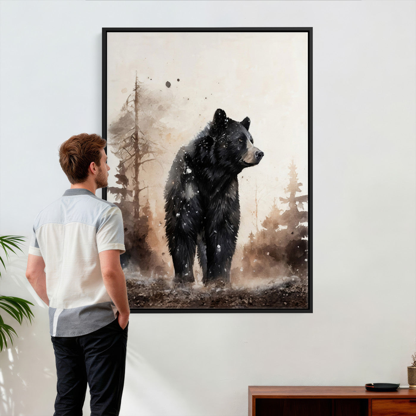 17399305-MGV-CV-24X36 - Black Bear Canvas Wall Art Winter Forest Watercolor Painting Print