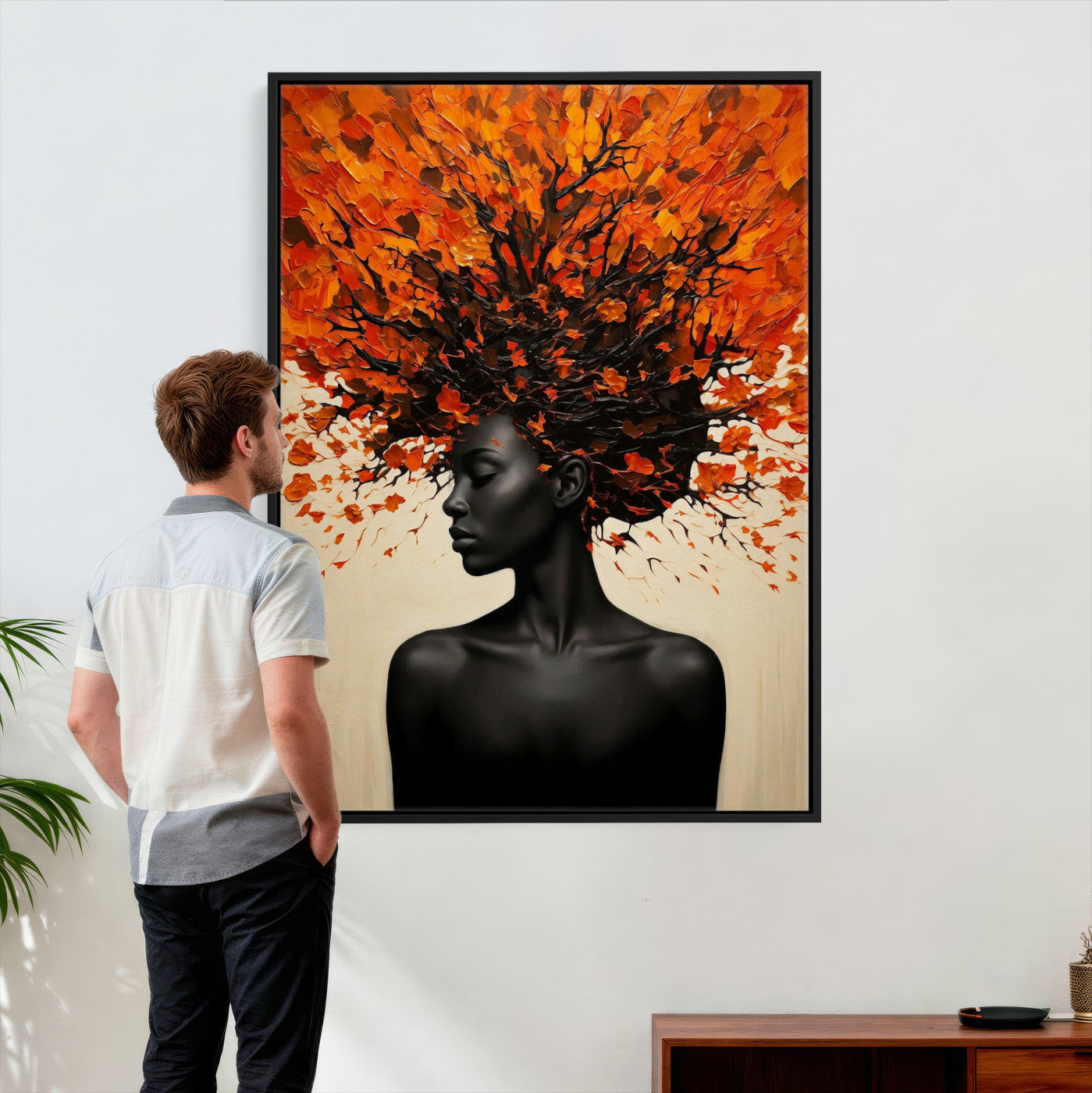 99995103-MGV-CV-24X36 - Black Woman Autumn Tree Canvas Wall Art Surreal African Portrait Painting Print