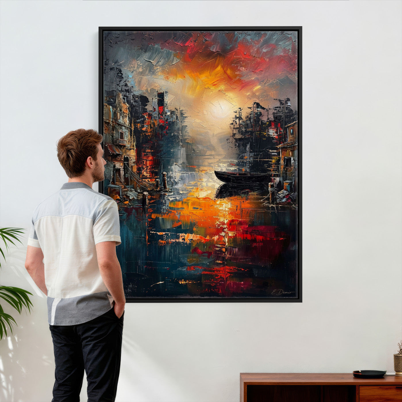 16611381-MGV-CV-24X36 - Vibrant Sunset Harbor Canvas Wall Art Abstract Cityscape Oil Painting Print