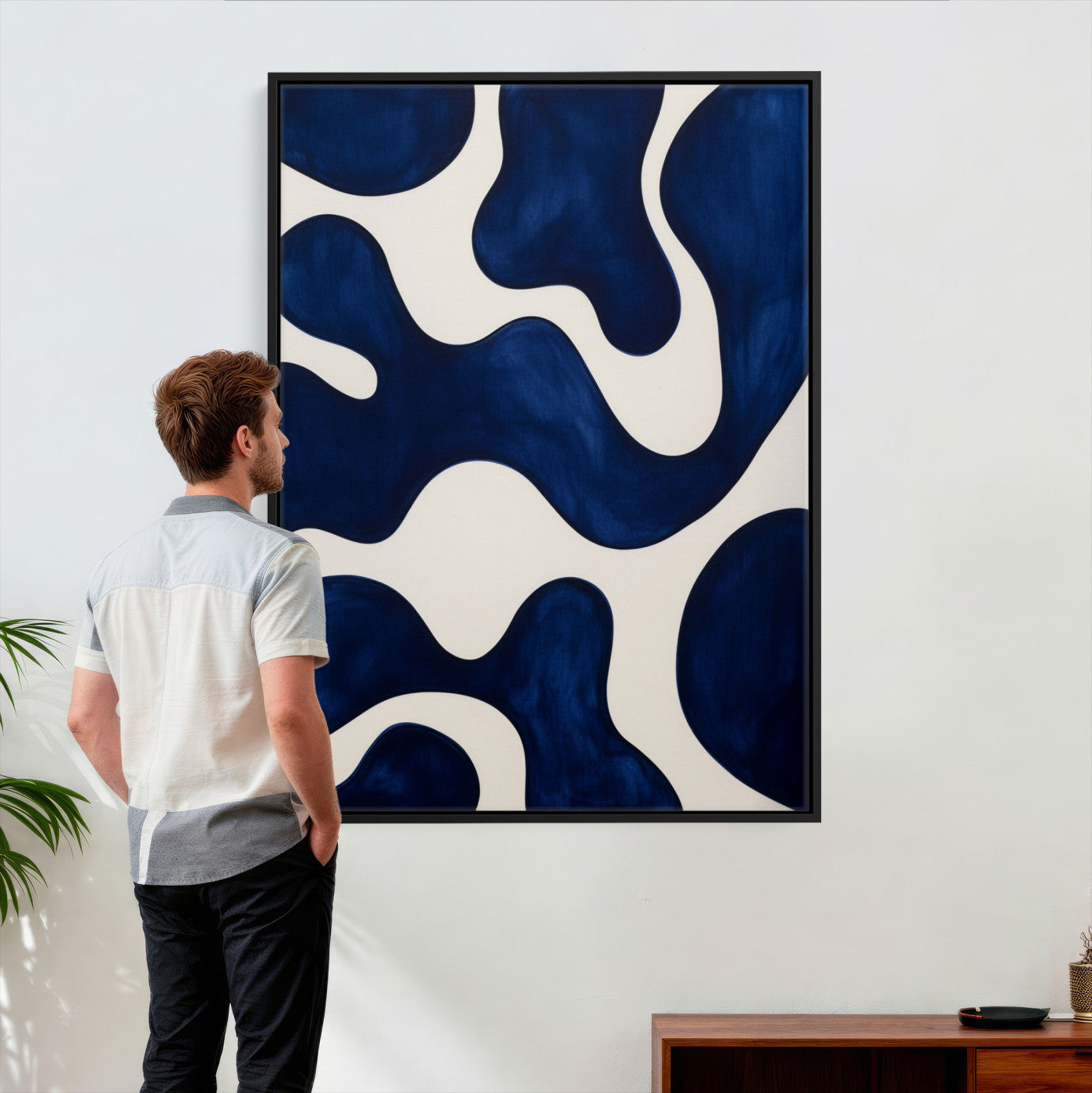 37225955-MGV-CV-24X36 - Minimalist Navy Blue Abstract Canvas Wall Art Organic Shapes Painting Print