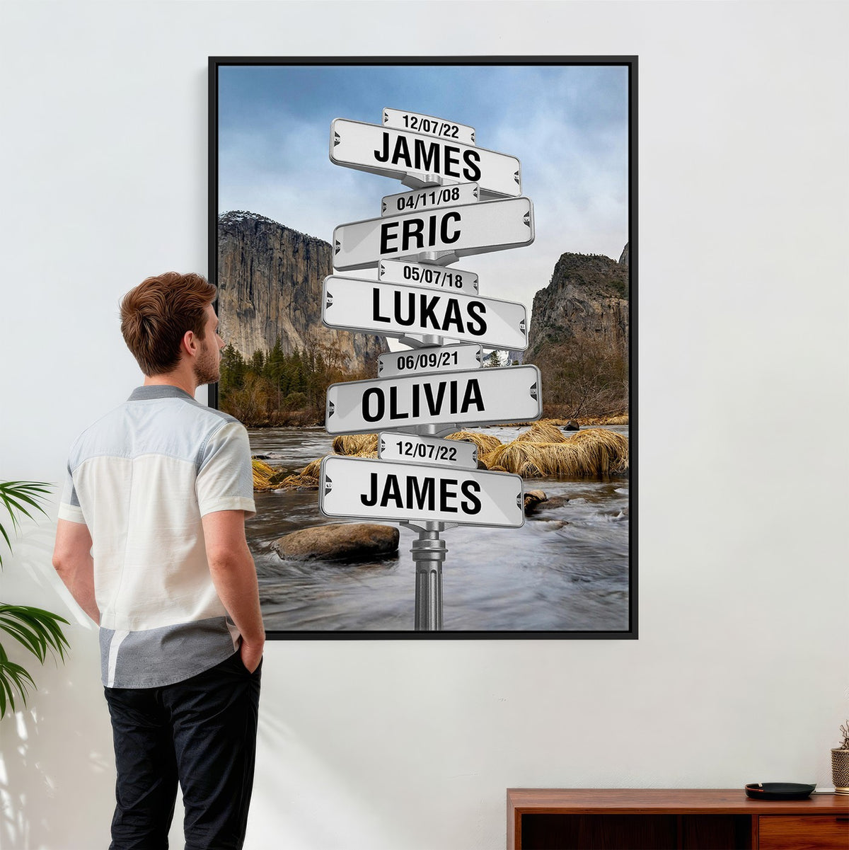 Personalized Family Name Street Sign Canvas Print with Mountain River View