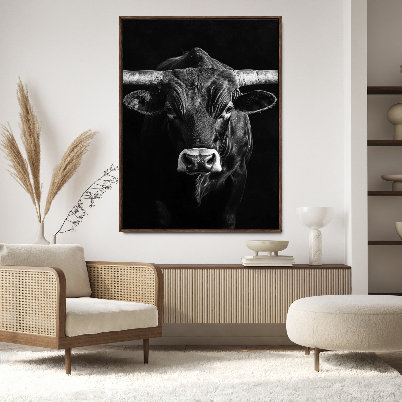Texas Longhorn Wall Art Canvas Print, Framed Monochrome Bull Art Picture Print, Texas Bull Wall Art Canvas Print
