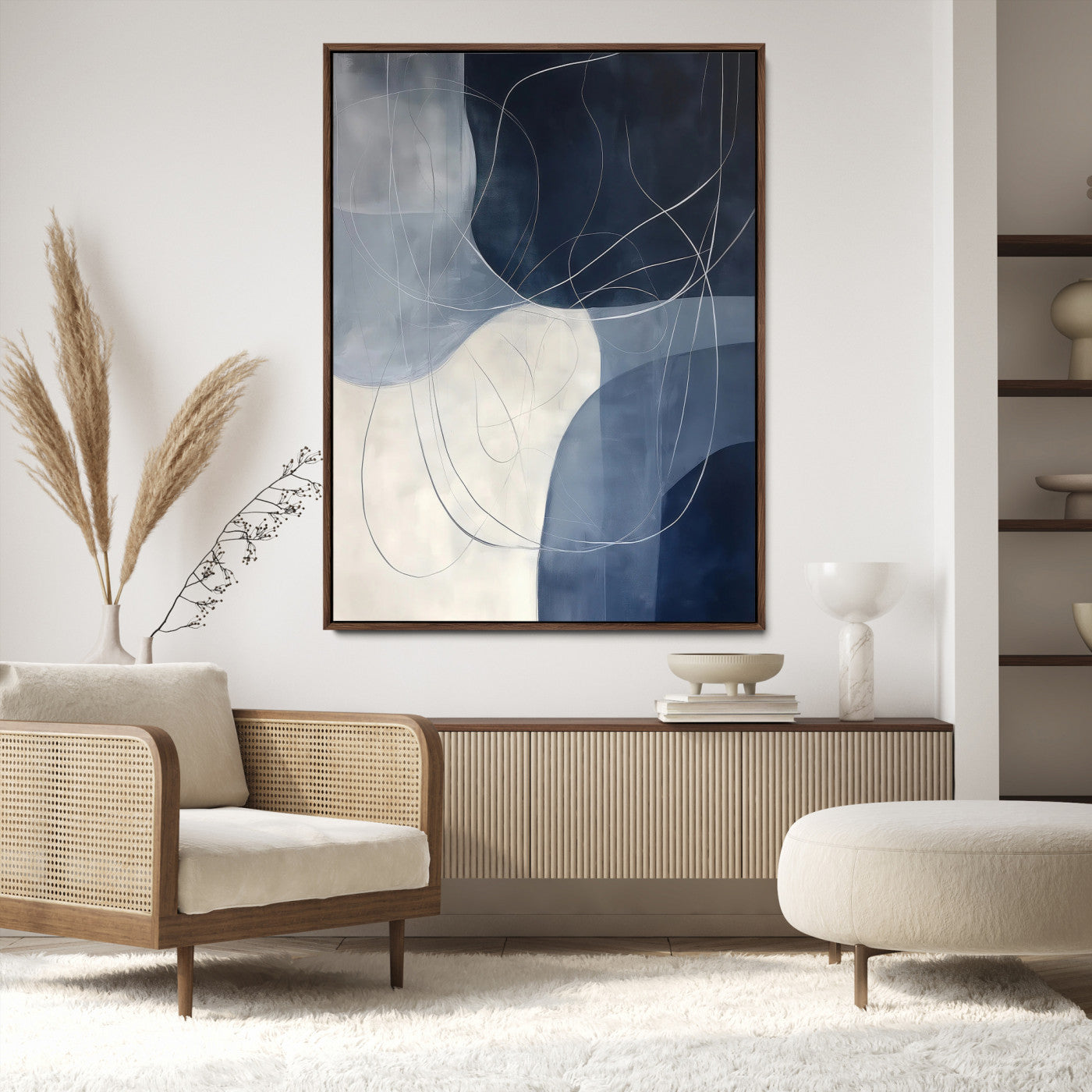 Navy Abstract Wall Art Canvas Print, Framed Minimal Lineart Art Picture Print, Abstract Shapes Perfect Minimalist Abstract Decor Artwork