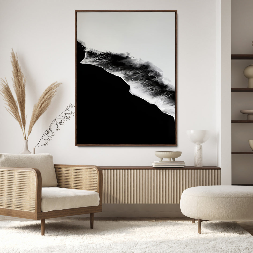 Ocean Wave Wall Art Canvas Print, Abstract Wave Print, Framed Monochrome Sea Art Print, Large Ink Wave Form Printing Perfect for Modern