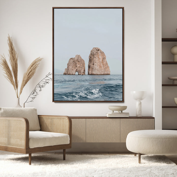 Faraglioni Capri Wall Art Canvas Print, Serene Ocean Print, Framed Mediterranean Coastal Art Print, Large Rocky Ocean Printing