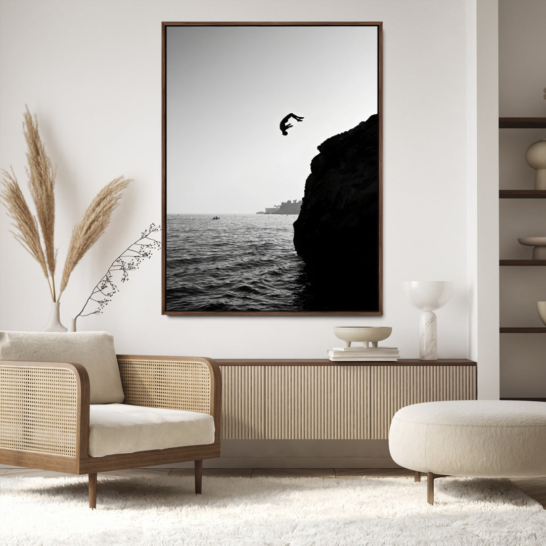 Cliff Jumping Wall Art Canvas Print, Black White Ocean Print, Framed Monochrome Cliff Dive Art Print, Large Coast Dive Printing,