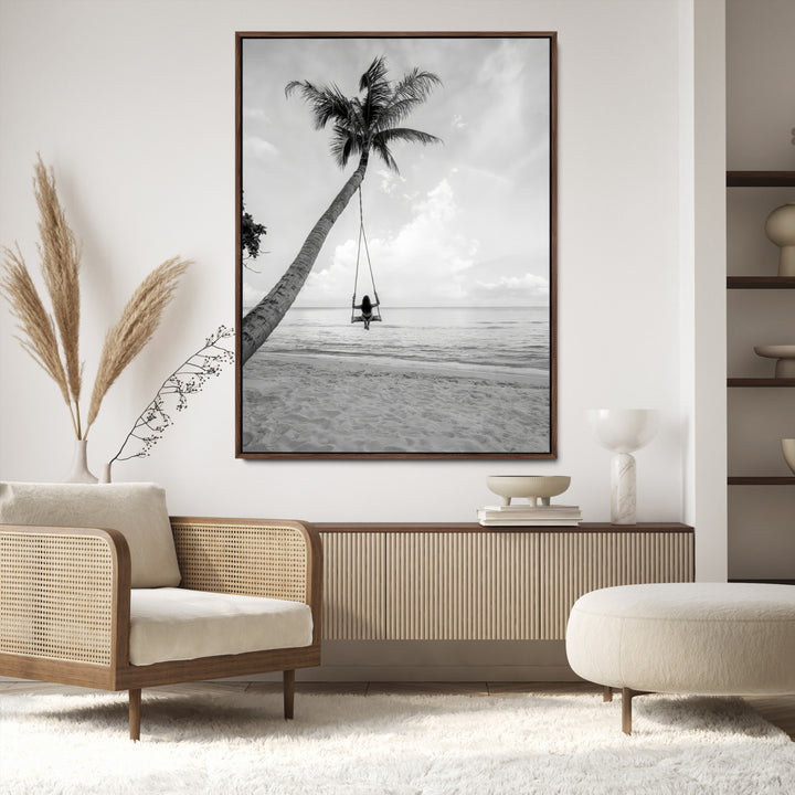 Black White Palm Tree Wall Art Canvas Print, Minimalist Beach Swing Print, Framed Monochrome Coastal Art Print, Large Tropical Ocean
