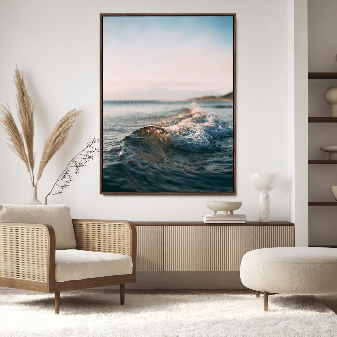 Ocean Waves Wall Art Canvas Print, Framed Coastal Serenity Wall Art Print, Golden Hour Perfect Modern Coastal Decor Artwork