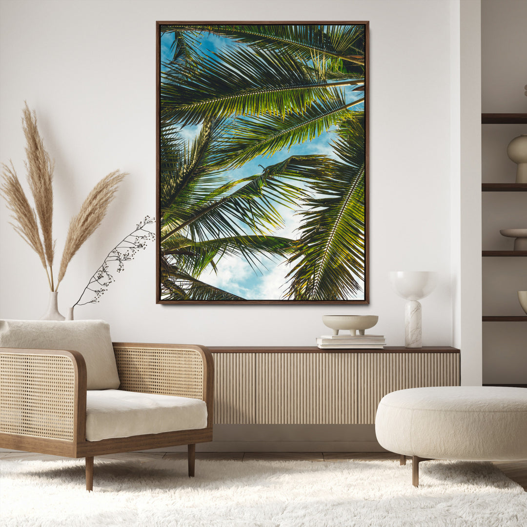Palm Leaves Wall Art Canvas Print, Framed Tropical Vibes Art Picture Print, Green Foliage Perfect Tropical Boho Decor Artwork
