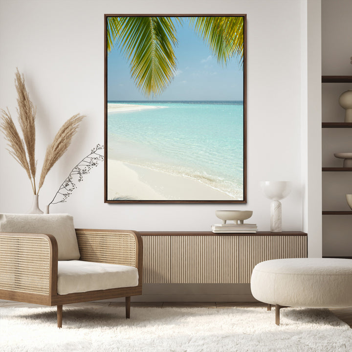 Azure Water Wall Art Canvas Print, Framed Tranquil Island Escape Art Picture Print, Clear Blue Ocean Wall Art Coastal Minimalist Decor