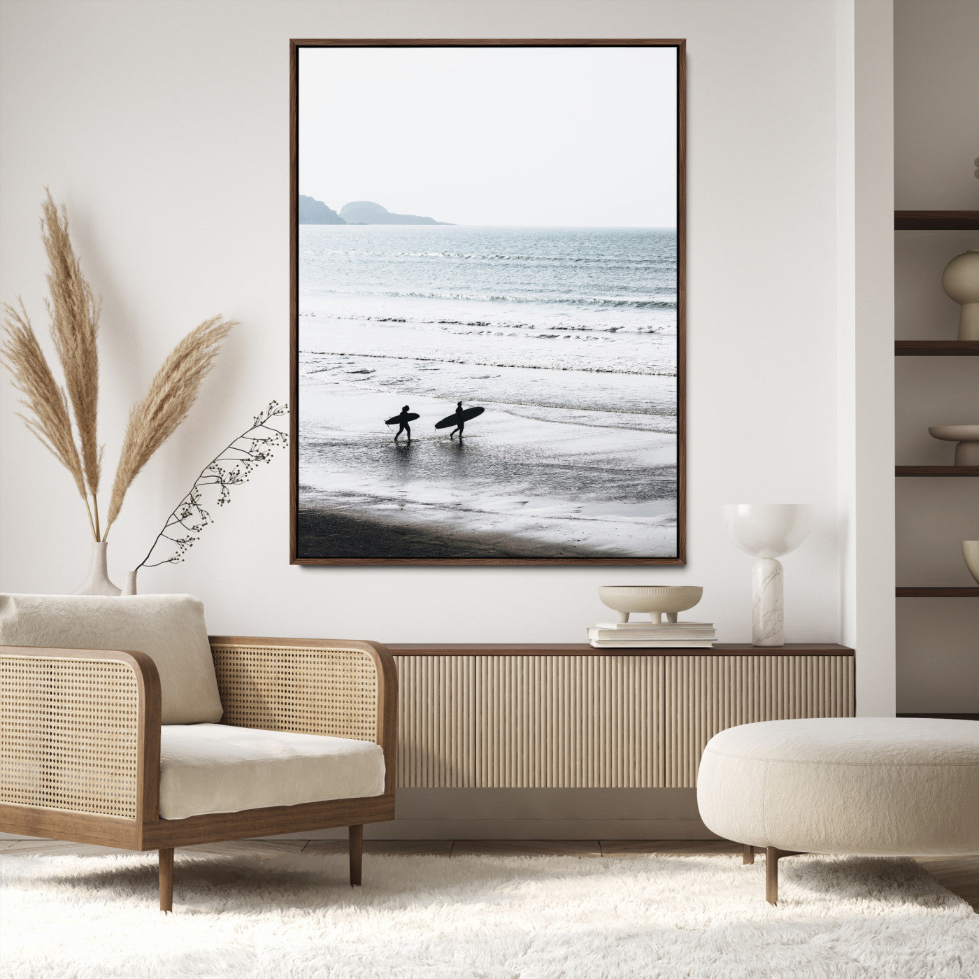 Surfer Silhouettes Wall Art Canvas Print, Framed Minimalist Ocean Art Picture Print