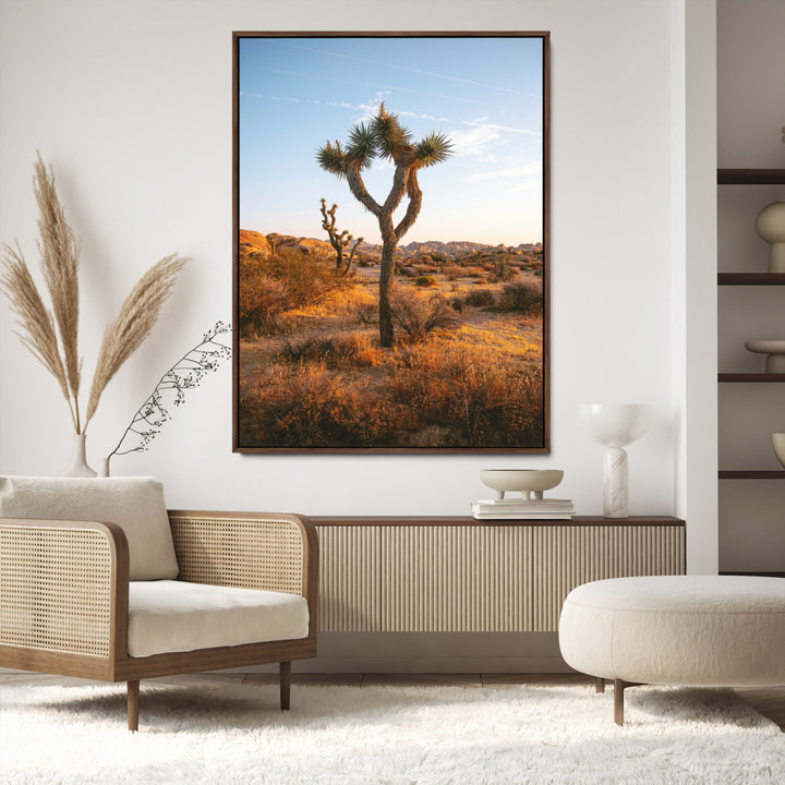 Framed Joshua Tree Print, Golden Hour Desert Print, Framed Sunset Glow Art Print, Large Arid Terrain Printing Southwestern
