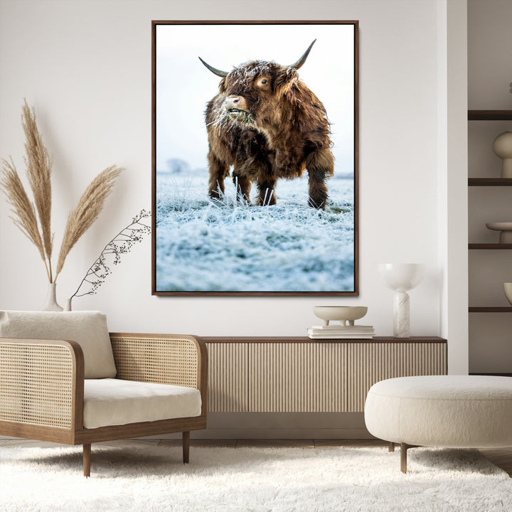 Minimalist Scottish Highlang Cow Wall Art Canvas Print for Farmhouse / County Style Art Print for Living Room - Office Decor