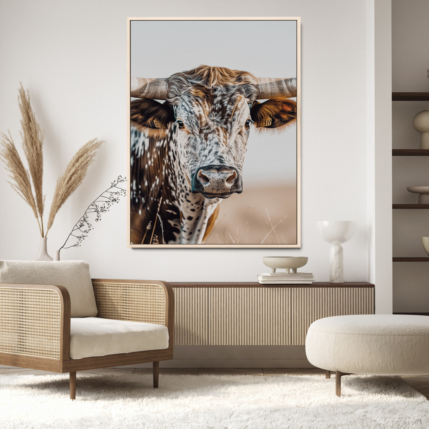 Texas Longhorn Wall Art Canvas Print, Framed Speckled Cow Art Picture Print, Horned Bull Perfect Rustic Western Decor, Texas Longhorn Canvas