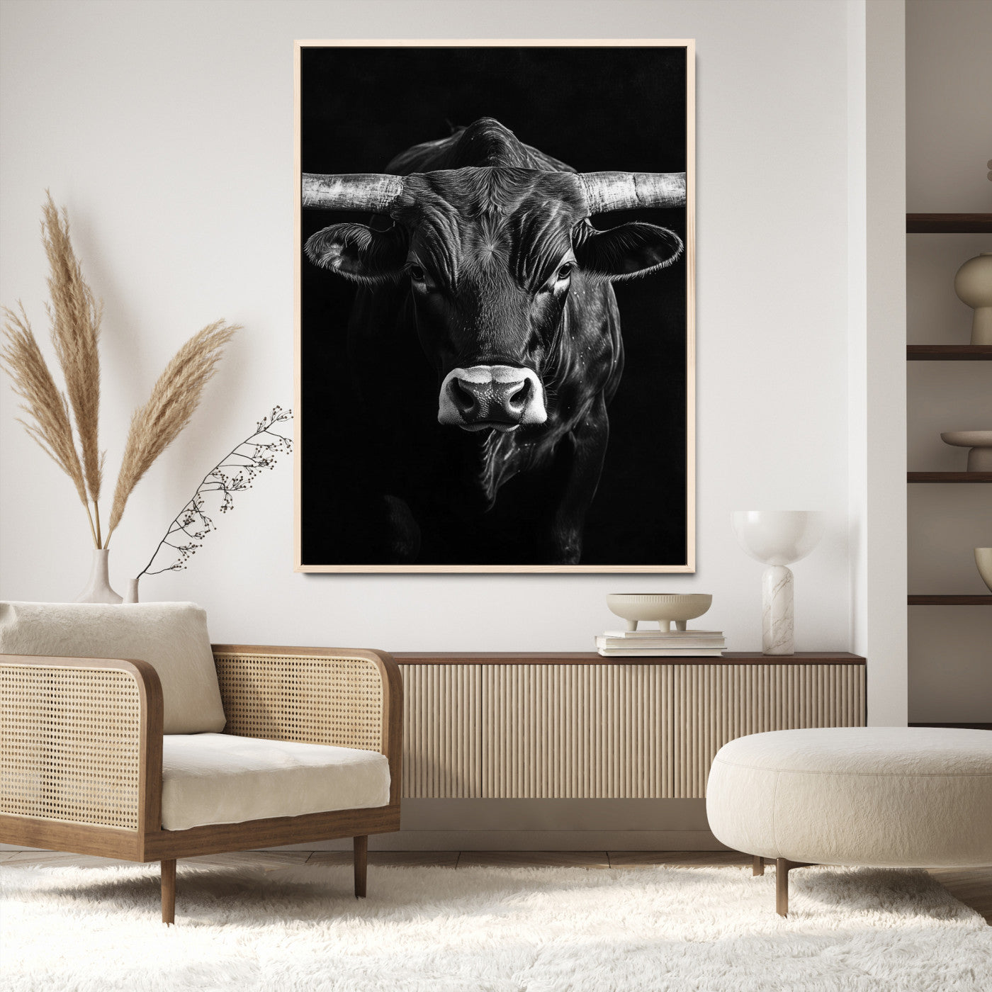 Texas Longhorn Wall Art Canvas Print, Framed Monochrome Bull Art Picture Print, Texas Bull Wall Art Canvas Print