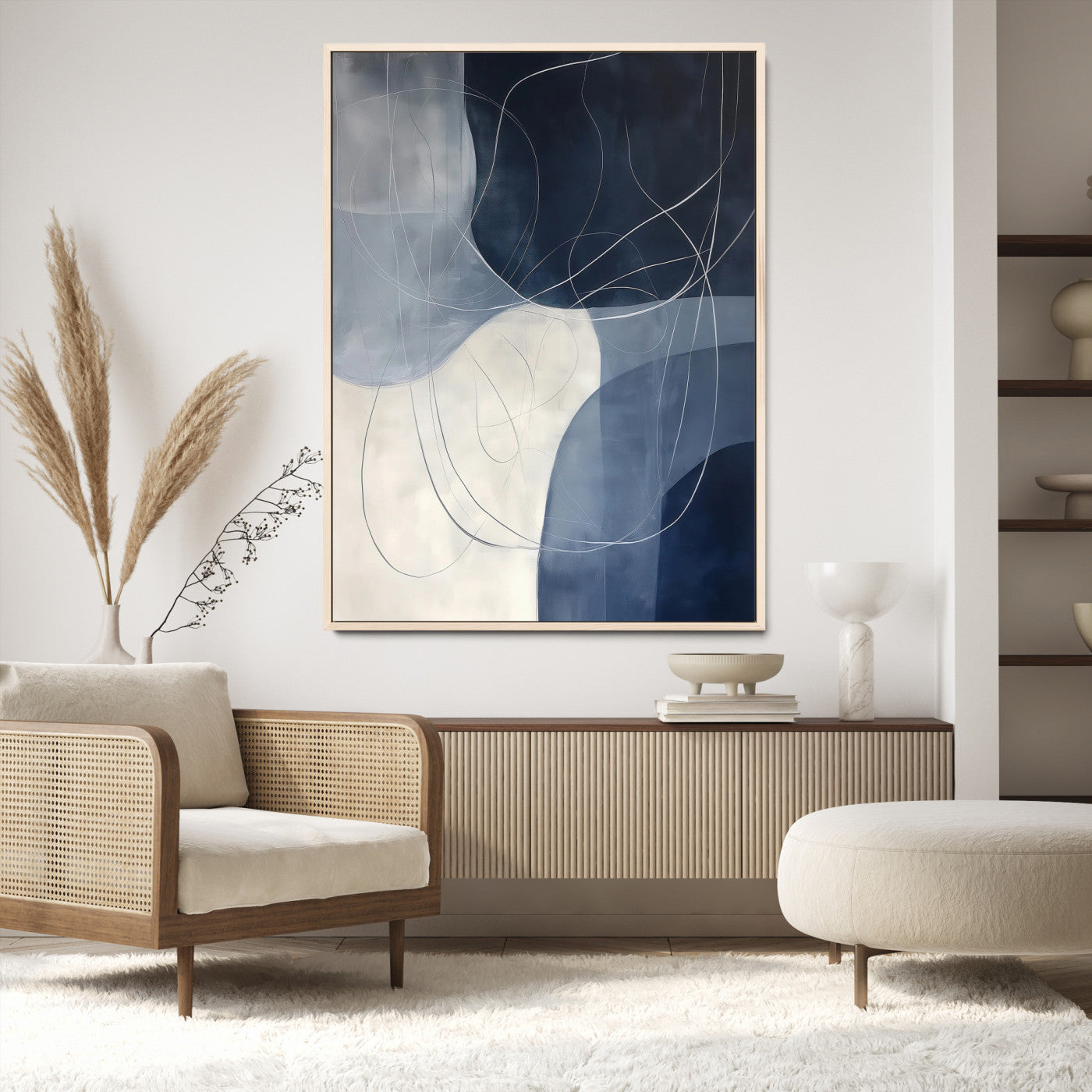 Navy Abstract Wall Art Canvas Print, Framed Minimal Lineart Art Picture Print, Abstract Shapes Perfect Minimalist Abstract Decor Artwork